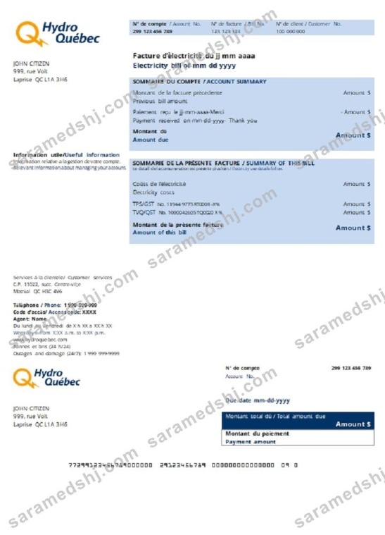 Canada Hydro-Québec utility bill template in .doc and .pdf format